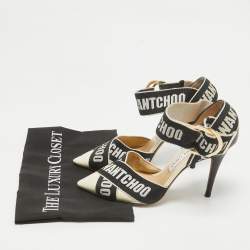 Jimmy Choo White/Black Leather and Canvas Buckle Pumps Size 37