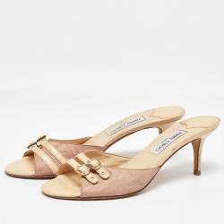 Pre Owned Jimmy Choo Beige/Pink Leather and Snakeskin Slide Sandals Size 40