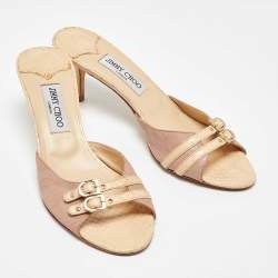 Pre Owned Jimmy Choo Beige/Pink Leather and Snakeskin Slide Sandals Size 40