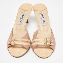 Pre Owned Jimmy Choo Beige/Pink Leather and Snakeskin Slide Sandals Size 40