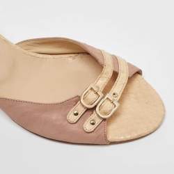 Pre Owned Jimmy Choo Beige/Pink Leather and Snakeskin Slide Sandals Size 40