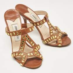 Pre Owned Jimmy Choo Brown Leather Slide Sandals Size 37.5