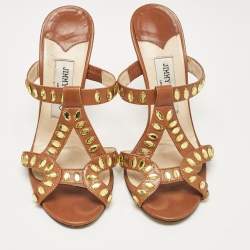 Pre Owned Jimmy Choo Brown Leather Slide Sandals Size 37.5