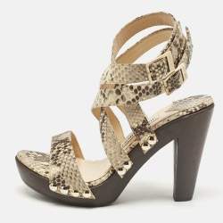 Jimmy Choo Beige Snakeskin Embossed Leather Ankle Strap Sandals Size 37