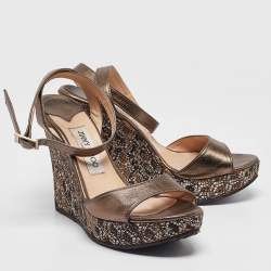 Jimmy Choo Metallic Leather Glitter Wedge Ankle Strap Sandals Size 40