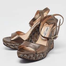 Jimmy Choo Metallic Leather Glitter Wedge Ankle Strap Sandals Size 40