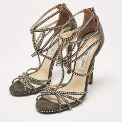 Jimmy Choo Grey Suede Crystal Embellished Strappy Sandals Size 38.5