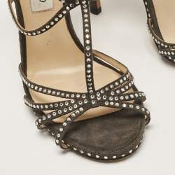 Jimmy Choo Grey Suede Crystal Embellished Strappy Sandals Size 38.5