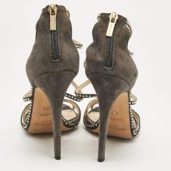 Jimmy Choo Grey Suede Crystal Embellished Strappy Sandals Size 38.5
