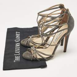 Jimmy Choo Grey Suede Crystal Embellished Strappy Sandals Size 38.5