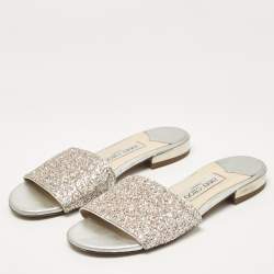 Jimmy Choo Silver/Pink Glitter Joni Flat Slides Size 36