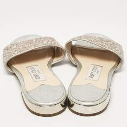 Jimmy Choo Silver/Pink Glitter Joni Flat Slides Size 36