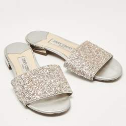 Jimmy Choo Silver/Pink Glitter Joni Flat Slides Size 36