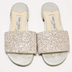 Jimmy Choo Silver/Pink Glitter Joni Flat Slides Size 36