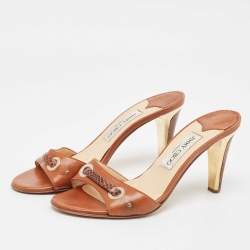 Jimmy Choo Brown Leather and Snakeskin Leather Slide Sandals Size 37.5