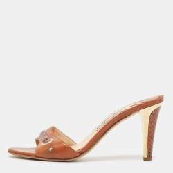 Jimmy Choo Brown Leather and Snakeskin Leather Slide Sandals Size 37.5