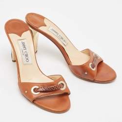 Jimmy Choo Brown Leather and Snakeskin Leather Slide Sandals Size 37.5