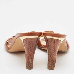 Jimmy Choo Brown Leather and Snakeskin Leather Slide Sandals Size 37.5