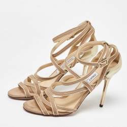 Jimmy Choo Gold/Beige Leather and Suede Ankle Strap Sandals Size 37.5