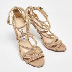 Jimmy Choo Gold/Beige Leather and Suede Ankle Strap Sandals Size 37.5