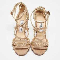 Jimmy Choo Gold/Beige Leather and Suede Ankle Strap Sandals Size 37.5