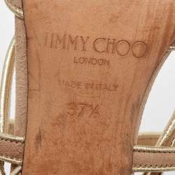 Jimmy Choo Gold/Beige Leather and Suede Ankle Strap Sandals Size 37.5