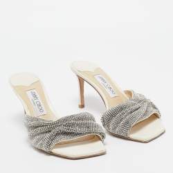 Jimmy Choo White Crystal Embellished Leather Naria Slide Sandals Size 38