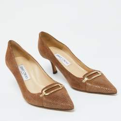 Pre Owned Jimmy Choo Brown Lizard Embossed Suede Pointed Toe Pumps Size 38.5