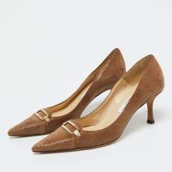 Pre Owned Jimmy Choo Brown Lizard Embossed Suede Pointed Toe Pumps Size 38.5