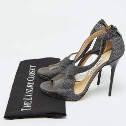 Jimmy Choo Grey Leather and Coarse Glitter Open Toe Sandals Size 39.5