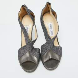 Jimmy Choo Grey Leather and Coarse Glitter Open Toe Sandals Size 39.5