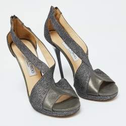 Jimmy Choo Grey Leather and Coarse Glitter Open Toe Sandals Size 39.5