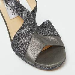 Jimmy Choo Grey Leather and Coarse Glitter Open Toe Sandals Size 39.5