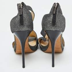 Jimmy Choo Grey Leather and Coarse Glitter Open Toe Sandals Size 39.5