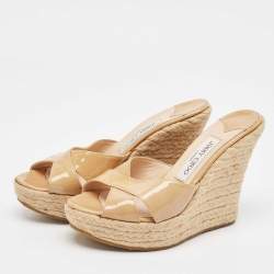 Jimmy Choo Beige Patent Leather Espadrille Wedge Slide Sandals Size 38