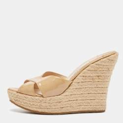 Jimmy Choo Beige Patent Leather Espadrille Wedge Slide Sandals Size 38