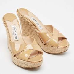 Jimmy Choo Beige Patent Leather Espadrille Wedge Slide Sandals Size 38