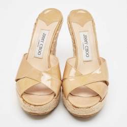 Jimmy Choo Beige Patent Leather Espadrille Wedge Slide Sandals Size 38