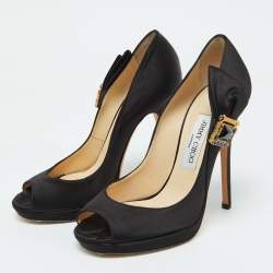 Pre Owned Jimmy Choo Black Satin Bow Pumps Size 38