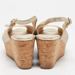 Jimmy Choo Gold Suede Prova Cork Wedge Sandals Size 39.5