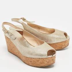 Jimmy Choo Gold Suede Prova Cork Wedge Sandals Size 39.5