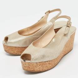 Jimmy Choo Gold Suede Prova Cork Wedge Sandals Size 39.5