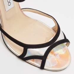 Jimmy Choo Black/Silver Suede and Iridescent Leather Ankle Strap Sandals Size 41