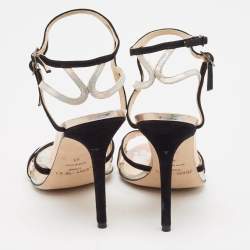 Jimmy Choo Black/Silver Suede and Iridescent Leather Ankle Strap Sandals Size 41