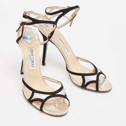 Jimmy Choo Black/Silver Suede and Iridescent Leather Ankle Strap Sandals Size 41
