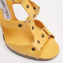 Jimmy Choo Yellow Leather Studded T-Bar Ankle Strap Sandals Size 37.5