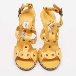 Jimmy Choo Yellow Leather Studded T-Bar Ankle Strap Sandals Size 37.5