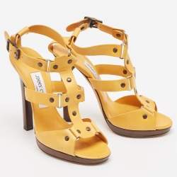 Jimmy Choo Yellow Leather Studded T-Bar Ankle Strap Sandals Size 37.5