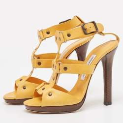 Jimmy Choo Yellow Leather Studded T-Bar Ankle Strap Sandals Size 37.5