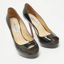 Pre Owned Jimmy Choo Black Patent Leather Crown Peep Toe Pumps Size 39